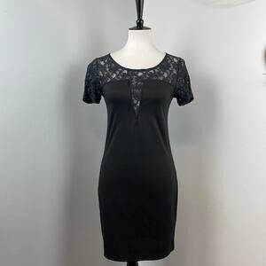 FRANCESCA'S Solid Black Lace Short Sleeve Sheath Mini Dress Small